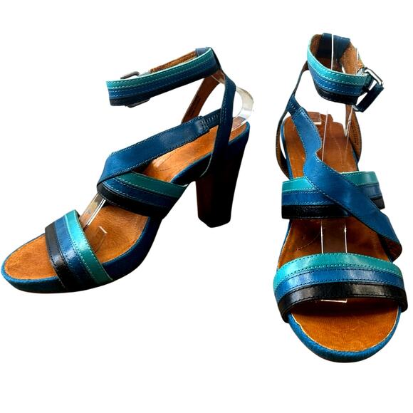NAYA Mint Blue Black Teal LEATHER Women Size 8 Ankle Strap BAMBOO Heeled Sandals - Picture 1 of 9